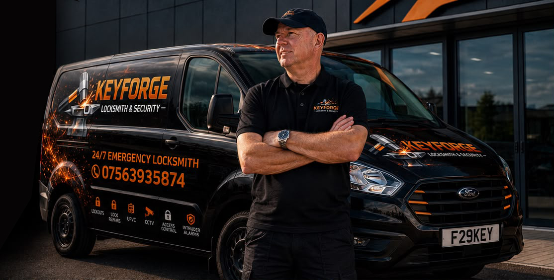 KeyForge Locksmith technician next to branded 24/7 emergency response van